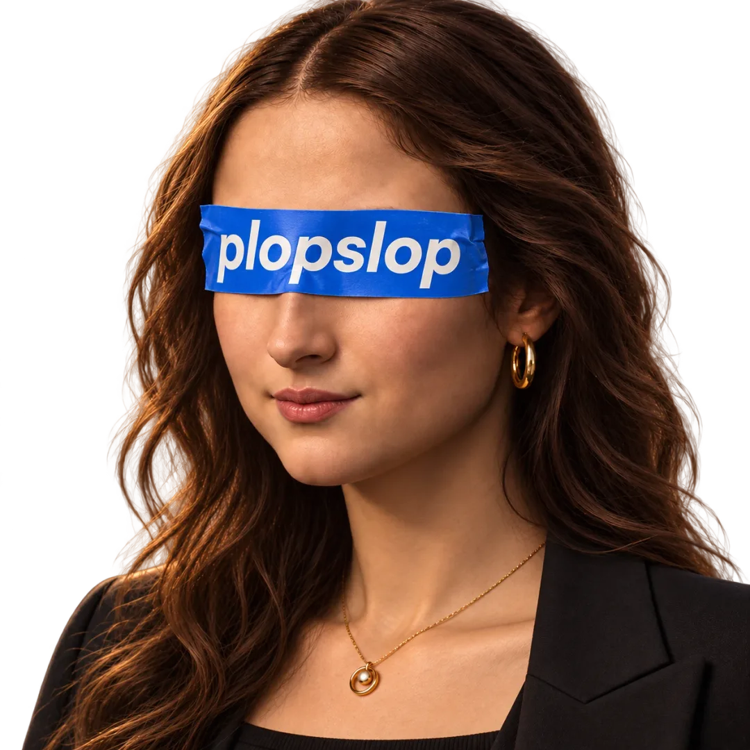a portrait in the pose of the Mona Lisa with blue plopslop tape across the eyes